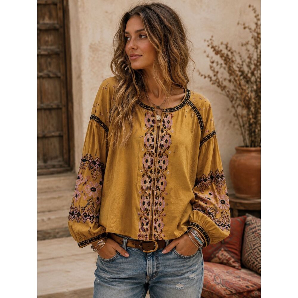 Anthropologie RD & Koko Yellow Embroidered Long Sleeve Open Front Top  Sz L
